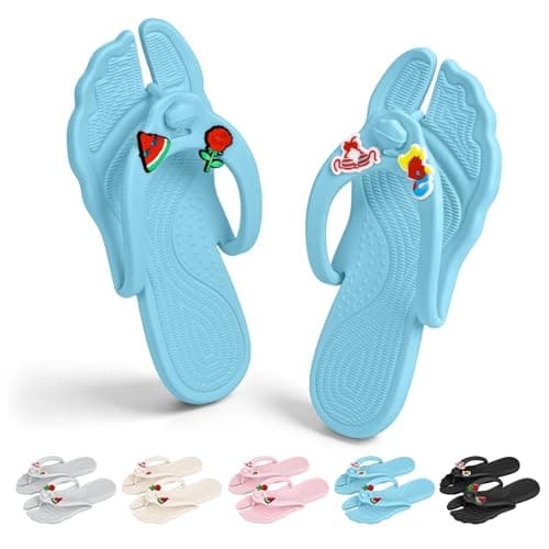 ZOORON Flip Flops for Women Men Travel Slippers Shower Shoes Foldable Bathroom Camp Beach Sandals Lightweight Non-Slip Quick Dry, With 4 Detachable Shoes Charm-1pack-sky Blue, 9-10 Women/7-8 Men
