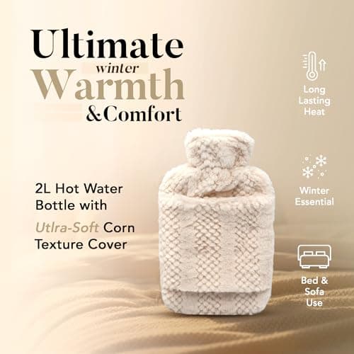 Hot Water Bottle with Hand Inserts & Luxury Cosy Faux Fur Cover, 2L Leakproof Large Hot Water Bag for Neck & Shoulder Pain Relief, Hand & Feet Warmer, Gift for Women,Men (Cream – Ivory) — view 2