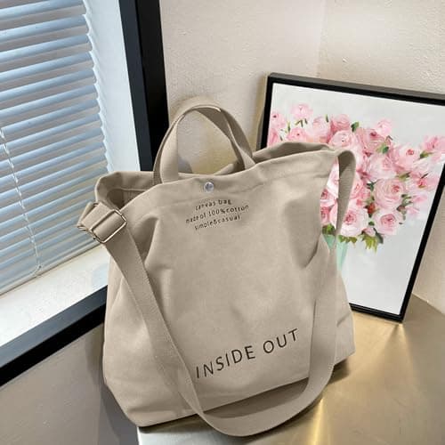 Large Canvas Tote Bag for Women 3 Small Inside Pockets-Vintage Crossbody Handbag for Work, Beach, Travel-16oz Cotton, Khaki, One Size — view 3