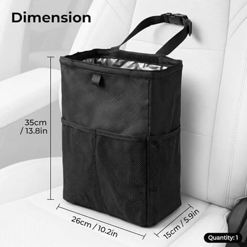 Black Car Trash Bin - Minimalist Car Bin and Dry Waste Organizer, 3.5 Gallon Leak-Proof Car Trash Can with Hook and Loop Lid and Handle, Car Bins for Front of Car, Essential Car Interior Accessories — view 2