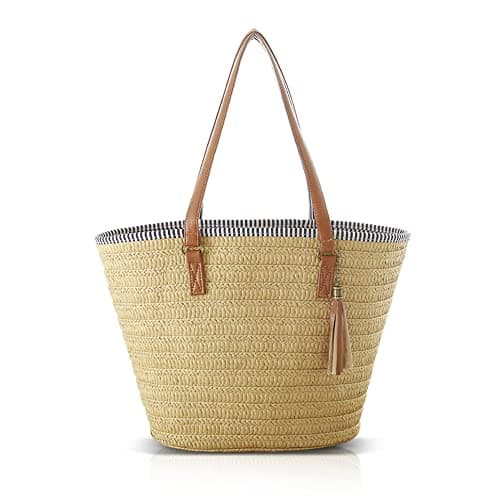 Pahajim Large Tote Bag with Zip Beach Bags for Women Straw Handbag Hand Woven Shoulder Bag for Travel, Holidays and Shopping