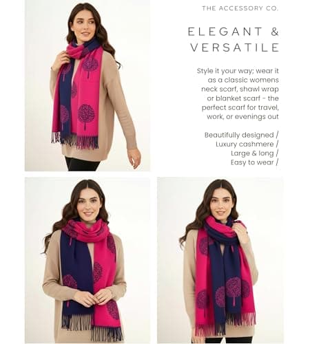 Cashmere Tree Life Blanket Scarf Gift - GIFT BOXED SCARF - Women Pashmina Shawl, Winter Scarves Women, Large Long Scarfs, Warm Scarf, Ladies Tree of Life Print (Navy Fuchsia - with gift box) — view 3