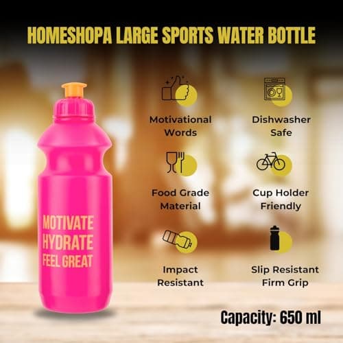 HOMESHOPA Squeeze Sports Plastic Water Bottle, 1 Pack Pink Non-Toxic Pull Top Wide Mouth Opener, Durable Leak Proof Drinking Bottle For Running, Gym, Fitness, Yoga, Outdoors and Camping — view 2