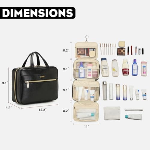 Yeiotsy Hanging Travel Toiletry Bag - Waterproof Vegan Leather Organizer with Wet-Dry Compartments, Foldable Design for Camping, Gym, Shower & Business Trip (Black, Large) — view 3