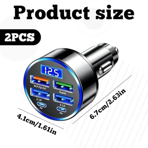 2PCS 6-Port USB C Car Charger 66W Super Fast Charging,Car Charger Fast Charge Socket Adapter with LED Voltmeter Compatible with iPhone, Samsung, iPad & More — view 2