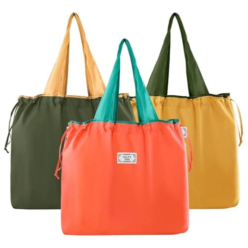Nexlynk 3Pcs Foldable Reusable Shopping Bags 42x53 cm, Large Waterproof Tote Drawstring Shopper Washable Nylon Grocery Bags for Travel Beach Daily Use Women Mom (Orange Green Yellow)