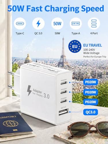 EU Travel Adapter Charger, 50W European Plug Adapter with 3 USB C and 1 USB A, Universal Travel Adapter European USB Charger Plug with Nylon 2M USB C Cable for iPhone 17 16 15 14 13/ iPad/Galaxy — view 2