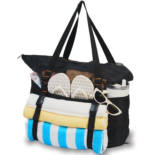 kokkoya Black 40L Large Mesh Beach Bag with Zip for Family Pool & Travel