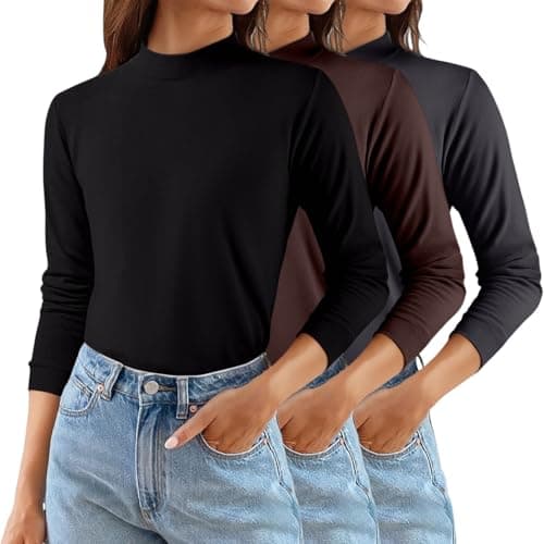 YCBMINGCAN Pack of 3 Women's Thermal Shirt Long Sleeve & Turtleneck Shirt Lightly Lined Soft Basic Top with Stand-Up Collar Thin Fleece Undershirt Winter Tops for Women, #3 Red, L — view 2