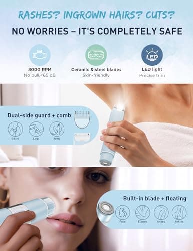 Bikini Trimmer Women 2-in-1 Facial Hair Remover for Women,USB-C Razors Woman,Dual Head Shaver Woman with Light for Intimate,Lady Shavers for Pubic Hair for Lip Underarm Body,Travel Lock,Misty Blue — view 3