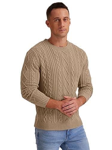 Hisir Men's Cable Knit Jumper, Thick Warm Crew Neck Winter, Khaki, XL — view 4
