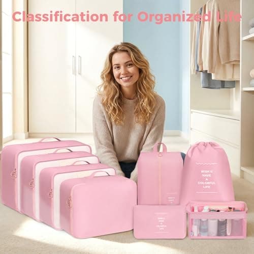 BAGAIL 8-Piece Packing Cubes Set, Travel Organizers with Breathable Mesh & Shoe Bag, Lightweight Nylon Packing Organisers for Luggage Suitcase, 9 Colors - Pink — view 2