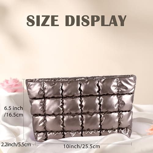 HFLZBRO Puffy Quilted Makeup Bag, Cosmetic Bag, Travel Toiletry Organizer Pouch, Clutch for Women (Gold) — view 4