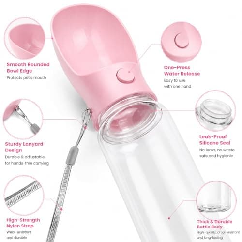 Dog Water Bottle, 350ml Sakura Pink Leak Proof Portable Dog Travel Water Bottle, 2-in-1 Puppy Water Dispenser & Dog Bowl, for Walking Hiking, Food Grade Dog Water Fountain Gift for Outdoor Pets — view 5