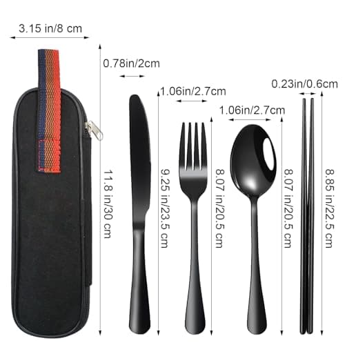 VANRA Portable Travel Utensils Set with Case 4-Piece Stainless Steel Camping Cutlery Set Reusable Silverware Set for Work Fork Spoon Knife Chopstick for Lunch Box School Picnic (Black) — view 3