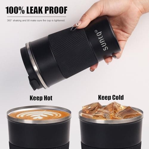 SUNTQ Reusable Coffee Cups Travel 510ml Coffee Travel Mug with Leakproof Lid - Thermal Mug Insulated Cup - Stainless Steel Travel Cup with Rubber Grip for Hot and Cold Drinks Black — view 4