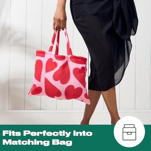 Brentfords Sun Lounger Beach Towel with Pockets, Soft Quick-Dry Absorbent Large Beach Towel in a Bag Lightweight Easy Storage Sun Bed Towels For Beach Holiday Accessories, Pink Hearts - 75 x 215cm — view 4