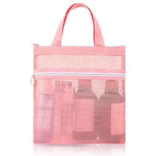 Mesh Shower Caddy, Portable Quick Dry Mesh Toiletry Tote Bag Small Hanging Wash Bag with Zipper for College Dorms, Gym, Beach, Camping, Swimming, Yoga and Travel (Pink)