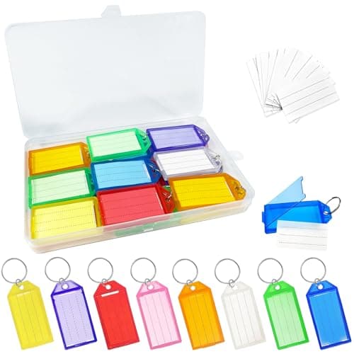 Redamancy 20 Pack Key Tags with Labels, Plastic Write On Key Fobs in 8 Colours with Protective Window, Keyring Tags for Office Home and Travel Organisation