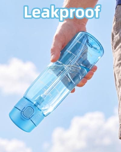 OLDLEY 600ml/20oz Water Bottles with Straw Leakproof Tritan Water Bottle with Handle BPA Free Time Marker Sports Drinking Bottle for School, Travel, Sports (Sky Blue) — view 3