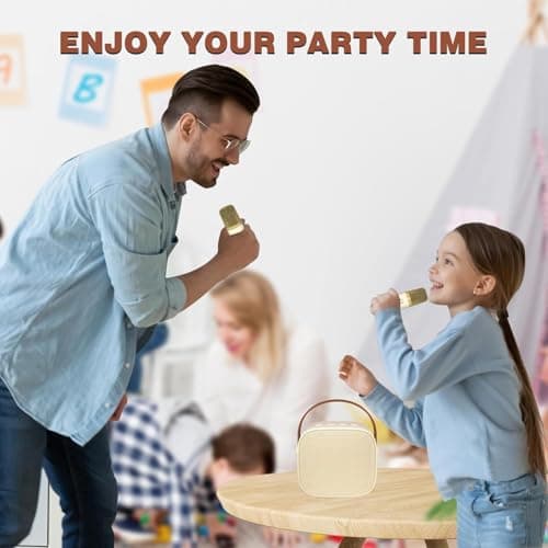 GOHAPHE Karaoke Machine for Kids, Rechargeable Mini Karaoke Machine with 2 Microphones and Voice Changing Effects, Bluetooth Karaoke Speaker for Party, Home, KTV, Travel (Beige) — view 5
