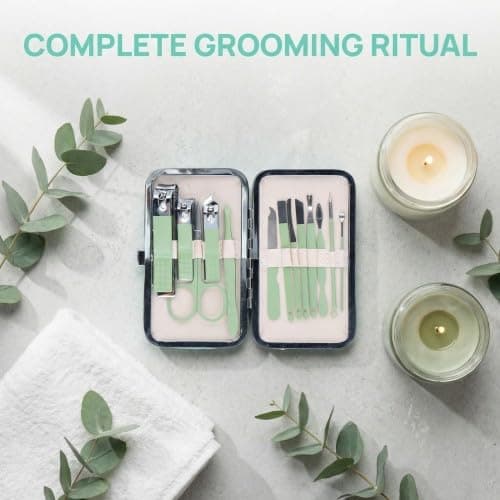 13 Piece Professional Pedicure Nail Clippers Kit, Manicure Set 13 in 1, Portable Travel Grooming Kit, Stainless Steel Nail Scissors Grooming Set for Men and Women (Green) — view 4