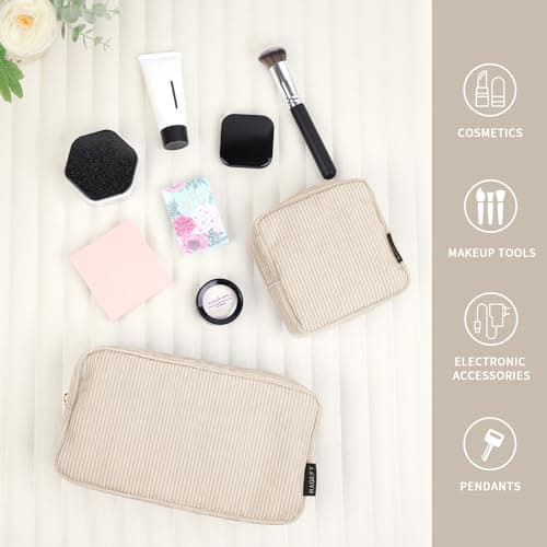 Makeup Bag, MAGEFY 2 Pcs Small Makeup Bag for Handbag Corduroy Pouch with Compartments Travel Makeup Cosmetic Bag for Women (Beige) — view 6