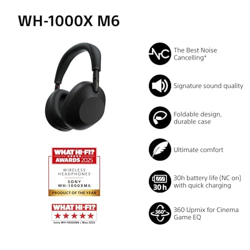 SONY WH-1000XM6 Flagship Noise Cancelling Over-Ear Wireless Bluetooth Headphones, Signature Hi-Res Sound, Comfort, Foldable Design, Durable Case, 30 HR Battery NC On, iOS & Android – Black — view 2
