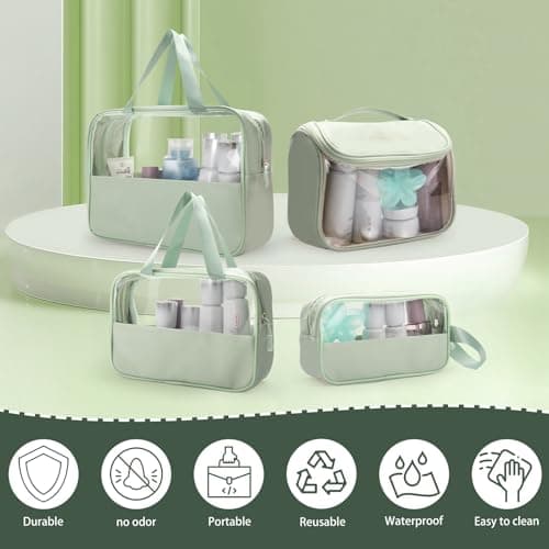 LELEWANGLUO Transparent Travel Toiletry Bag, 4 PCS Portable Waterproof PVC+PU Makeup Bag with Zippers, Green — view 2