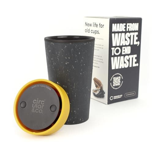 Circular&Co 12oz / 340ml Reusable Coffee Cup – Made from Recycled Paper Cups – Leakproof, Lockable Travel Mug, BPA Free – Grey & Mustard Yellow – Made in the UK