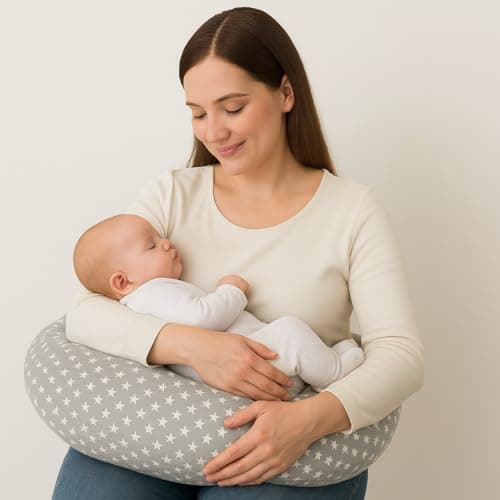 Babymam Feeding Pillow for Baby and Mum – Nursing Cushion with Removable 100% Cotton Cover – U-Shaped Breastfeeding Support – Stars with Grey — view 3
