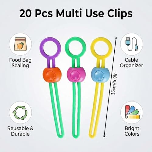20 Pcs Reusable Food Bag Clips & Cable Organisers, Adjustable Multi-Purpose Silicone Tie Straps, Quick-Release Wire Tidies & Bread Bag Sealers for Kitchen, Home, Desk & Travel (Random Colours) — view 2