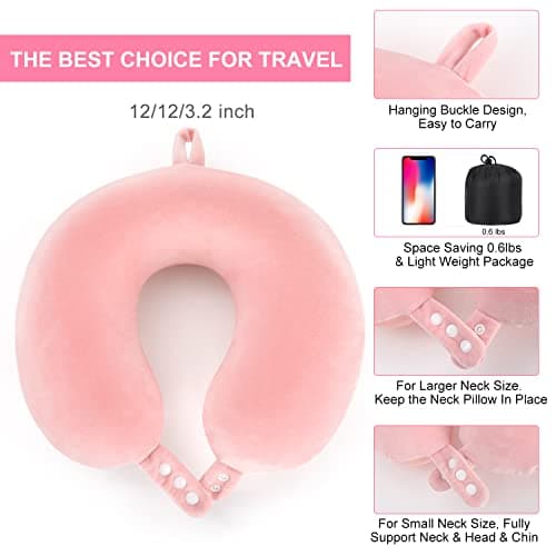 TALLGO Travel Neck Pillow, Best Memory Foam Airplane Pillow for Head Support Soft Adjustable Pillow for Plane, Car & Home Recliner Use (Pink) — view 6