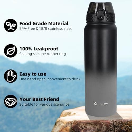 OLDLEY Stainless Steel Water Bottle with Straw 1L Vaccum Insulated Large Drink Flask Metal Water Bottles 1 Litre Leakproof Keep Drinks Hot Cold for Sports Gym Travel Adult Women Men(Black Grey, 1 Lid) — view 5