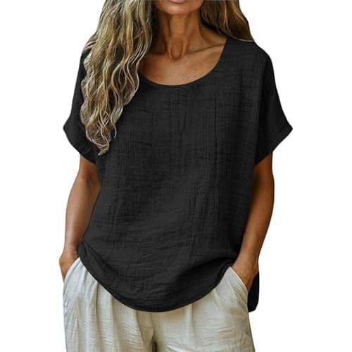 Women's Linen Blouse Summer Muslin Short Sleeve Shirt Crew Neck Basic Tops Elegant Cotton Linen Tops Plain Summer Vacation Beach Travel Blouse Light and Airy Sport Yoga Blouses & Tunics for Women