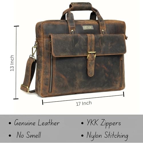 HULSH Genuine Leather Briefcase for Men 17 Inches Computer Bag | Business and Office Messenger Satchel Work Briefcase, Dark Brown — view 3