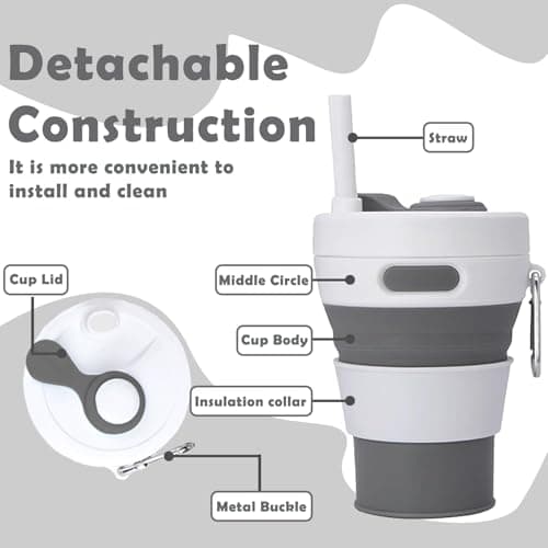 MORAINJAY Collapsible Coffee Cup with Lids,15oz/450ml Grey Silicone Portable Reusable Coffee Mug,Foldable Camping Travel Cup Fits in Your Pocket(Collapses to 6cm) — view 3