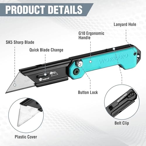 WORKPRO Folding Utility Knife with 10 SK5 Blades, Box Cutter with Belt Clip — view 6