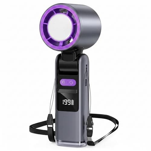 MEMSJIUWEN Upgraded Portable Handheld Neck Fan with 199 Speed Settings, Digital Display, LED Flashlight, Rechargeable 3-in-1 Personal Cooling Fan for Travel Outdoor Sports - Dark Gray