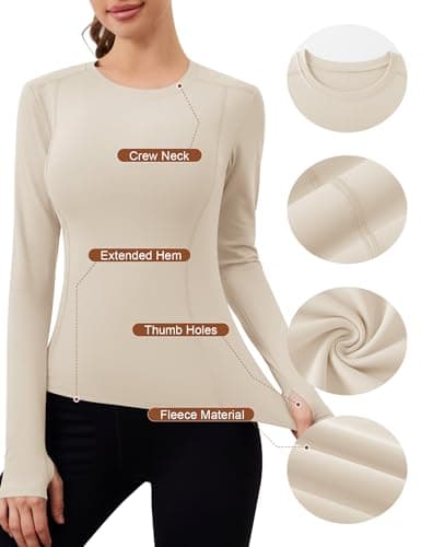 IECCP Women's Long Sleeve Workout Shirt Thermal Shirts Plus Size Athletic Fleece Tops Ski Shirt with Thumb Hole Bone XL — view 2