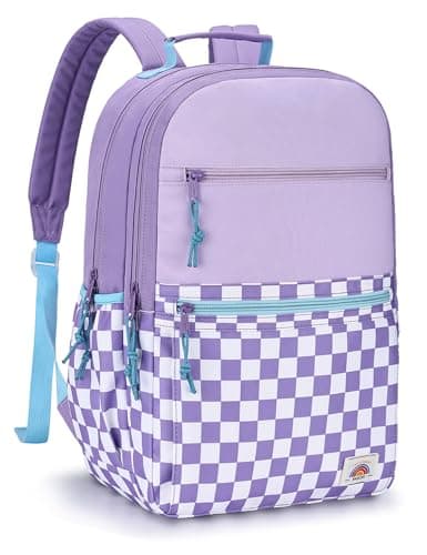 VASCHY School Bag, Lightweight Classic Cute Aesthetic Bookbag Daypack for Teen Girls Traveling/Gym/Middle School Black Lavender Plaid