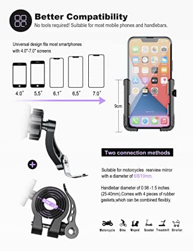GREFAY Motorcycle Phone Holder Handlebar Mount Motorbike Phone Holder Rearview Mirror【2 Connection Methods+1S Quick Disassembly】 With ​360 Rotate for 4.0-7.0 inch smartphone — view 5