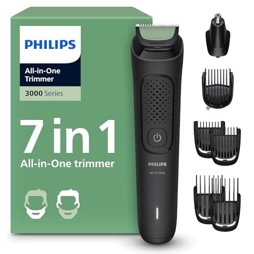 Philips Multigroom 3000 Series All-in-One 7-Piece Trimmer - Shaver and Clipper for Beard and Hair, Self-Sharpening Skin-Friendly Blades, 10 Length Settings, Model MG3930/15