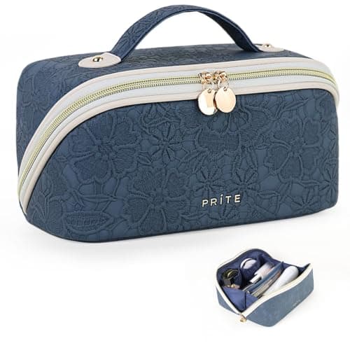 Prite Travel Makeup Bag Flat Lay Cosmetic Case with Brush Pocket, Blue, M