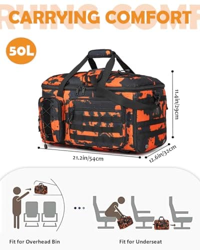 50L Gym Bags for Men, 3 in 1 Travel Duffle Bag with Shoe Compartment, Tactical Military Backpack for Overnight Weekender Gym Traveling Workout Deployment, Orange Graffiti, 50L, 3 in 1 Tactical Duffle — view 2