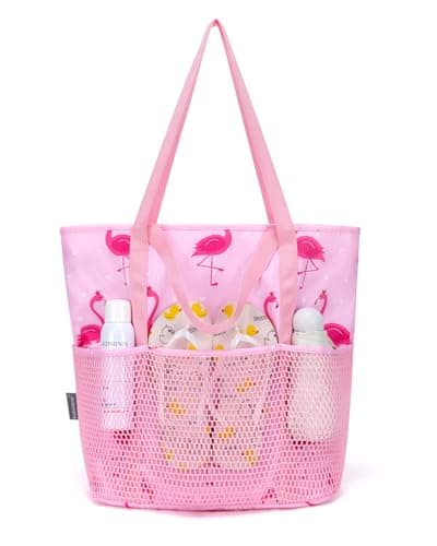 Beach Bag with Zip and Pockets Small Beach Tote Bags Women, Pink Flamingo