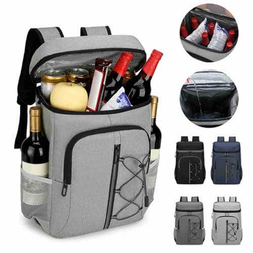 Insulated Cooler Backpack Camping Hiking Road Trip Outdoors 2 Side Mesh Pockets Camping Picnic for Meals, Beverages, Snacks (Light Gray) — view 5