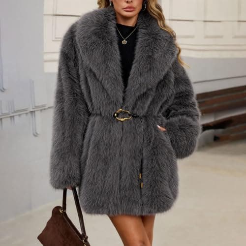 Dark Gray Womens Faux Fur Coat Lapel Belted Warm Winter Jacket XXL — view 6