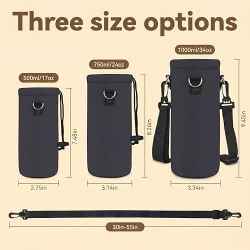 Hnycsir 1L/1000ML Neoprene Water Bottle Bag Carrier, Portable Insulated Sling Holder Case Pouch with Adjustable Shoulder Strap for Men Women Travel,Hiking,Walking,Outdoor Activities (Dark Gray) — view 2