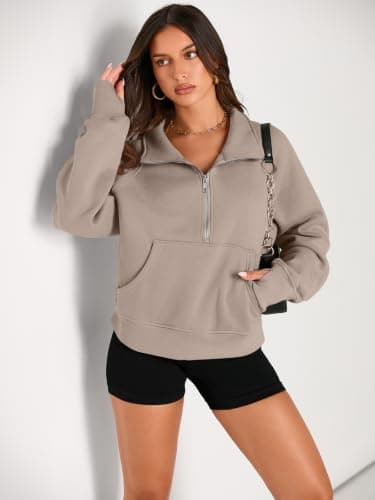 LILLUSORY Womens Loose Fit Sweatshirts Cropped Half Zip Tops Coffee Grey XL — view 2